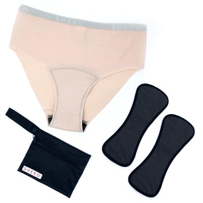 Shero FreeFlo High-Waist High-Cut Period Panties with 2 Replaceable Pads - Leakproof, Absorbent, Comfort-Fit Menstrual Underwear with Seamless Design, Pale Pink M, Includes Convenient Storage Bag