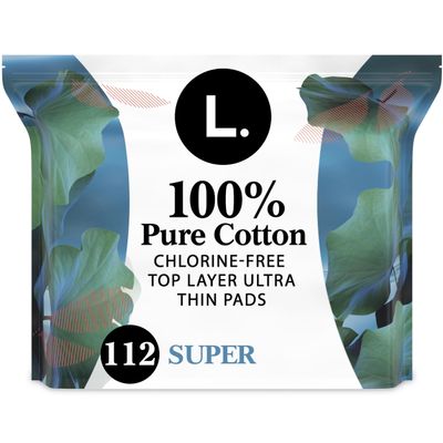 L. Ultra Thin Pads for Women, Super Absorbency, 100% Pure Cotton Top Layer, Unscented Pads with Wings, 56 CT