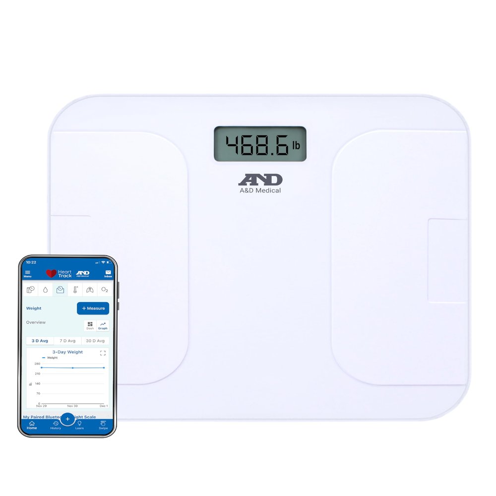 A&D Medical Digital Body Weight Scale, UC-356BLE Bluetooth Bathroom Weight Machine, UltraWide Platform and Large Display, Syncs with A&D App,550lb (249kg), Batteries Included, White