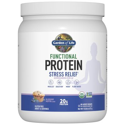 Garden of Life - Functional Protein Stress Relief - 20g Organic Sprouted & Fermented Protein Blend - Blueberry Muffin, Mood Blend for Stress Management, Ashwagandha KSM-66, Vegan - About 14 Servings
