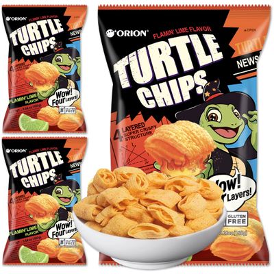K-Munchies Orion Turtle Chips Large 3 x 160-gram Flamin' Lime Flavor Korean Chips Big Bag, Party Size Tasty, Crispy Korean Corn Snacks - Bite-Sized, On-The-Go Korean Corn Snack for Family