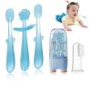 FOKiiBO Baby Silicone Toothbrush Set, Toothbrush + Tongue Brush + Baby Teether + Finger Toothbrush with Cup for Training Teething, 0-18M Infant Toddler Newborn Baby Teeth Brushes (Blue) view 1