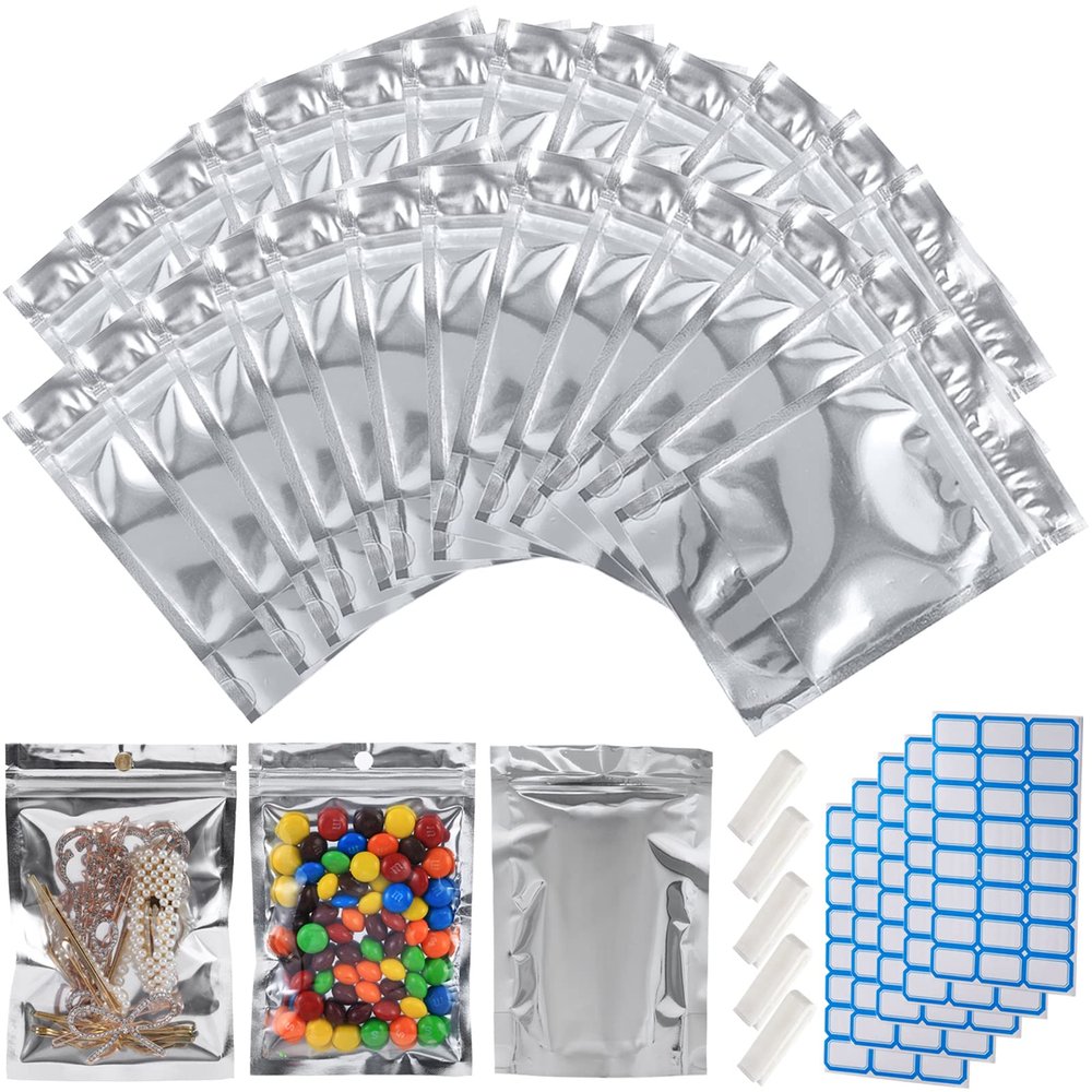 100-pack Large 14" x 10" Zipper Mylar Bags for Food Storage 1 Gallon Resealable Stand-up Aluminum Foil Bags Silver Smell Proof Pouch Bags with Clear Window for Kitchen Storage Edible Packaging