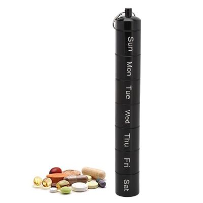 7 Days Pill Case,Portable Pill Box, 7 Days Weekly Medicine Box Aluminum Alloy Waterproof Keychain Pill Holder Case with Keychain and Carabiner for Supplements Pills Vitamins(Black), Metal Pill or