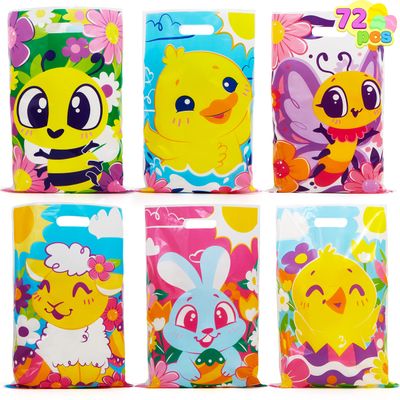 JOYIN 72 Pcs Easter Large Plastic Tote Bags, Easter Goodie Treat Gift Bags for Egg Hunt, Kids Party Favor Party Supplies(Animals and Flowers)