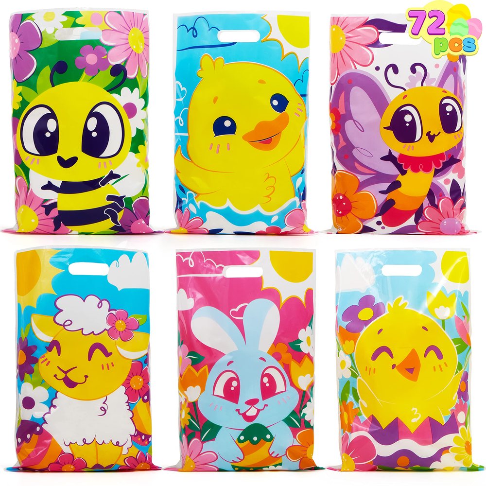 JOYIN 72 Pcs Easter Large Plastic Tote Bags, Easter Goodie Treat Gift Bags for Egg Hunt, Kids Party Favor Party Supplies(Animals and Flowers)