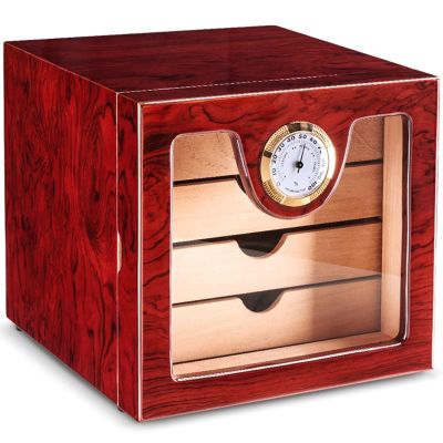 Cigar Humidor Cabinet for 50 Cigars with Dash Board Spanish Cedar Lining and Dividers 3 Tiered Drawers Glossy Rosewood Finish Great Gift for Father (Color : Red, Size : 24x24x22cm)