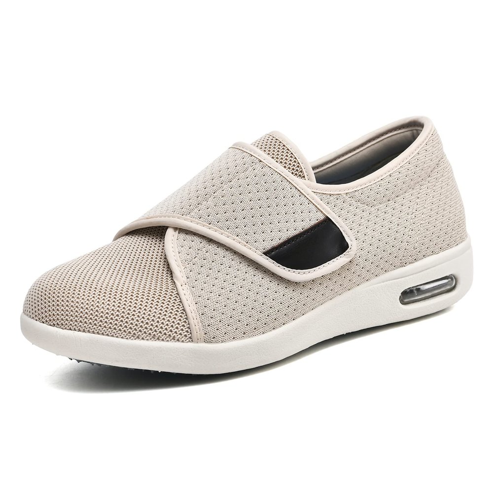 W&LESVAGO Women's Wide Width Diabetic Walking Shoes with Adjustable Closures,Non-Slip Lightweight Sneakers with Classic Air Cushion for Diabetic Edema Plantar Fasciitis(9.5#, Beige)