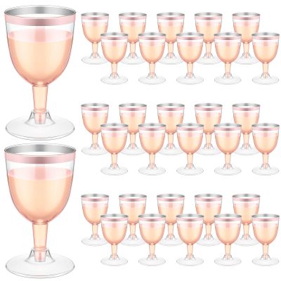 Thenshop 50 Pack 5 oz Plastic Champagne Flutes Clear Disposable Wine Glasses Cups with Stem Reusable Goblets Shatterproof Cocktail Cups for Mother's Day Wedding Party Holiday Dessert(Rose Gold Rim)