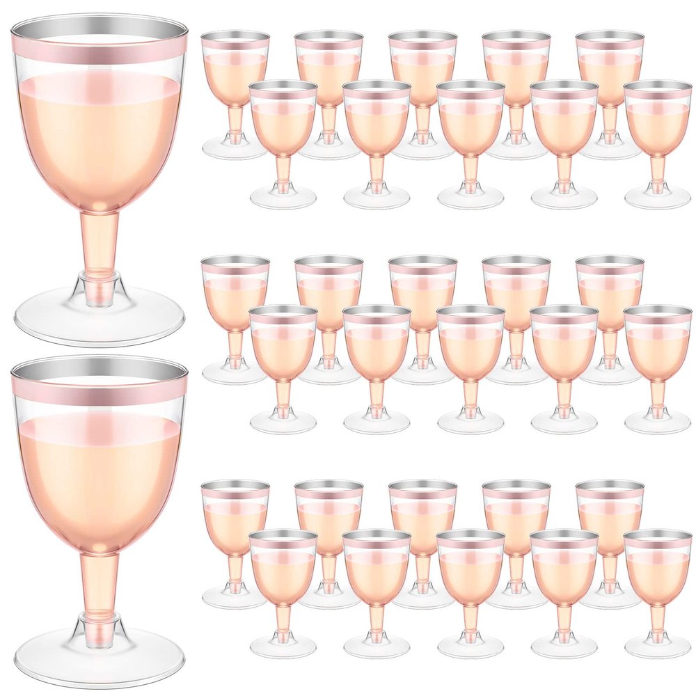 Thenshop 50 Pack 5 oz Plastic Champagne Flutes Clear Disposable Wine Glasses Cups with Stem Reusable Goblets Shatterproof Cocktail Cups for Mother's Day Wedding Party Holiday Dessert(Rose Gold Rim)