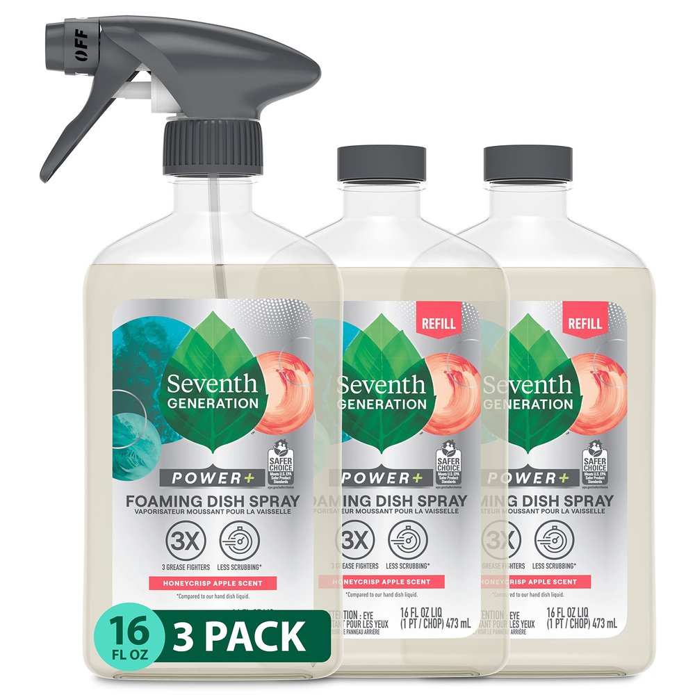 Seventh Generation Foaming Dish Spray, Honey Crisp Apple 16 Fl Oz (Pack of 3), Refill Pack of 3 with 1 Sprayhead