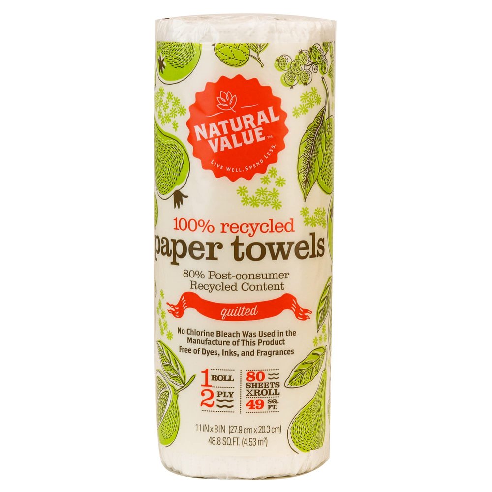 Natural Value 100% Recycled Paper Towels, Single Roll 2 ply Quilted Full sized Sheets, 80 Sheets (4 Pack), No Dyes, Ink, Frangrance, No Chlorine Bleach, 80% Post-Consumer Recycled Content