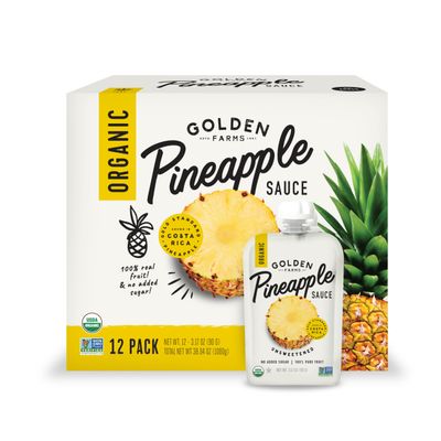 Golden Farms Pineapple Pouches, Single Ingredient Healthy Snacks, 100% Pure Fruit, No Added Sugar, Vegan, Gluten-Free, Kosher, Organic Squeeze Pouch 3.17oz Each