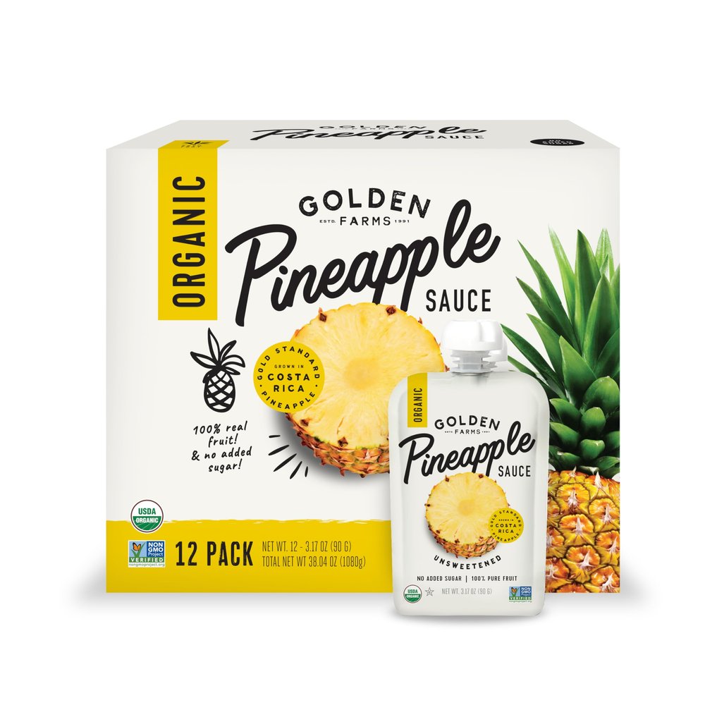 Golden Farms Pineapple Pouches, Single Ingredient Healthy Snacks, 100% Pure Fruit, No Added Sugar, Vegan, Gluten-Free, Kosher, Organic Squeeze Pouch 3.17oz Each