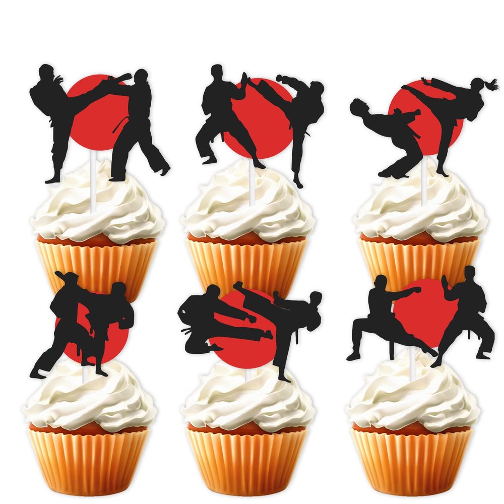 18pcs Black Glitter Dessert Cupcake Topper Karate Taekwondo Fitness Sports Theme Decor Supplies Men Boys Happy Birthday Party Decorations