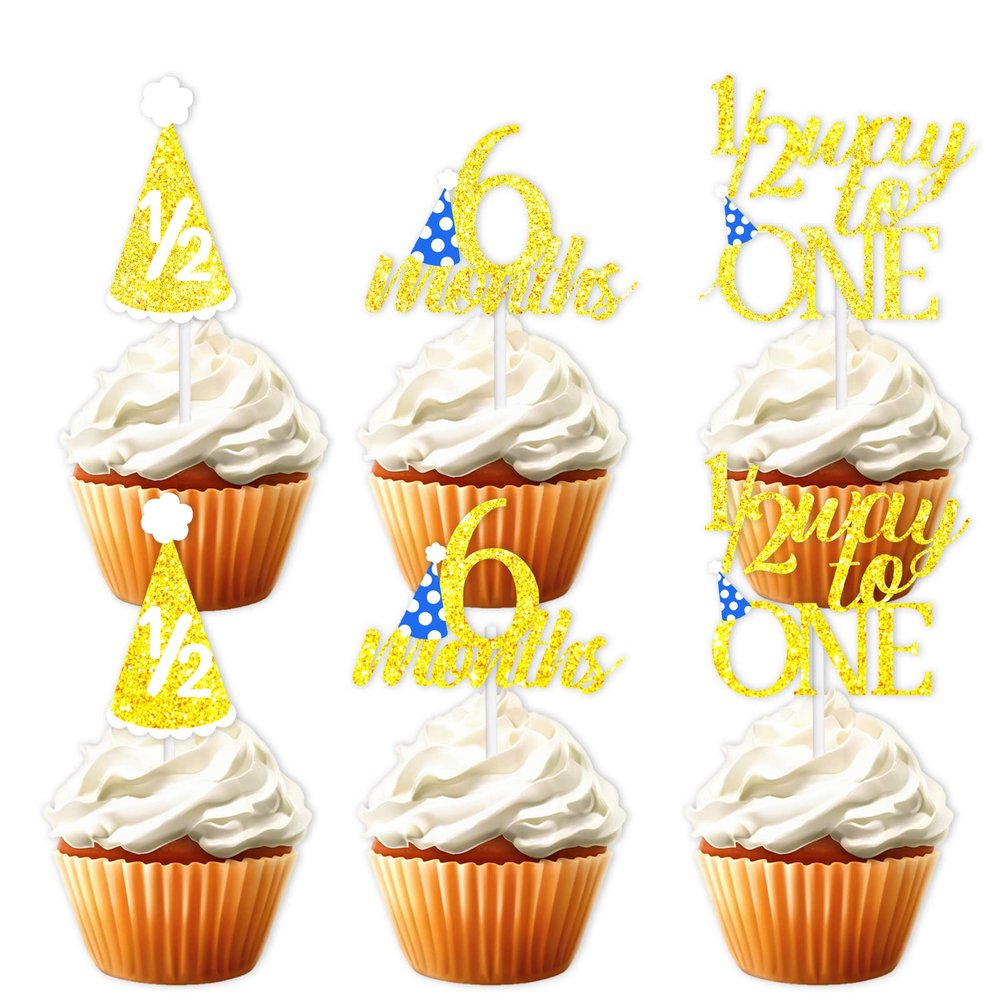 18pcs Gold Glitter 6 Months Dessert Cupcake Topper Cheer to 1/2 Way to One Theme Decor Supplies Baby Shower Boys Girls Happy Half Birthday Party Decorations