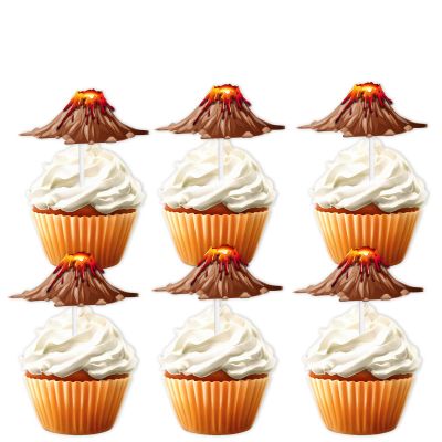 18pcs Gold Glitter Volcano Dessert Cupcake Topper Volcanic Eruption Dinosaur Earth's Mass Object Theme Baby Shower Girls Boys Happy Birthday Party Decor Supplies Decorations