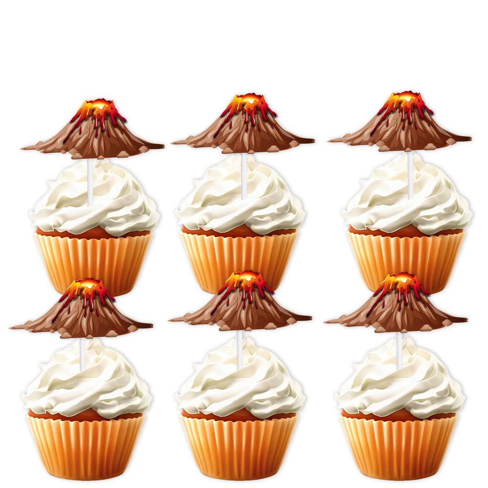 18pcs Gold Glitter Volcano Dessert Cupcake Topper Volcanic Eruption Dinosaur Earth's Mass Object Theme Baby Shower Girls Boys Happy Birthday Party Decor Supplies Decorations