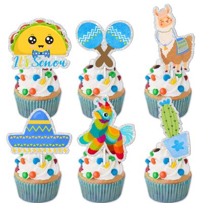 18pcs Blue Glitter Its Senor Cute Taco Bout Dessert Cupcake Topper Mexican Yummy Food Fiesta Festival Theme Decor Supplies Baby Shower Gender Reveal Birthday Party Decorations