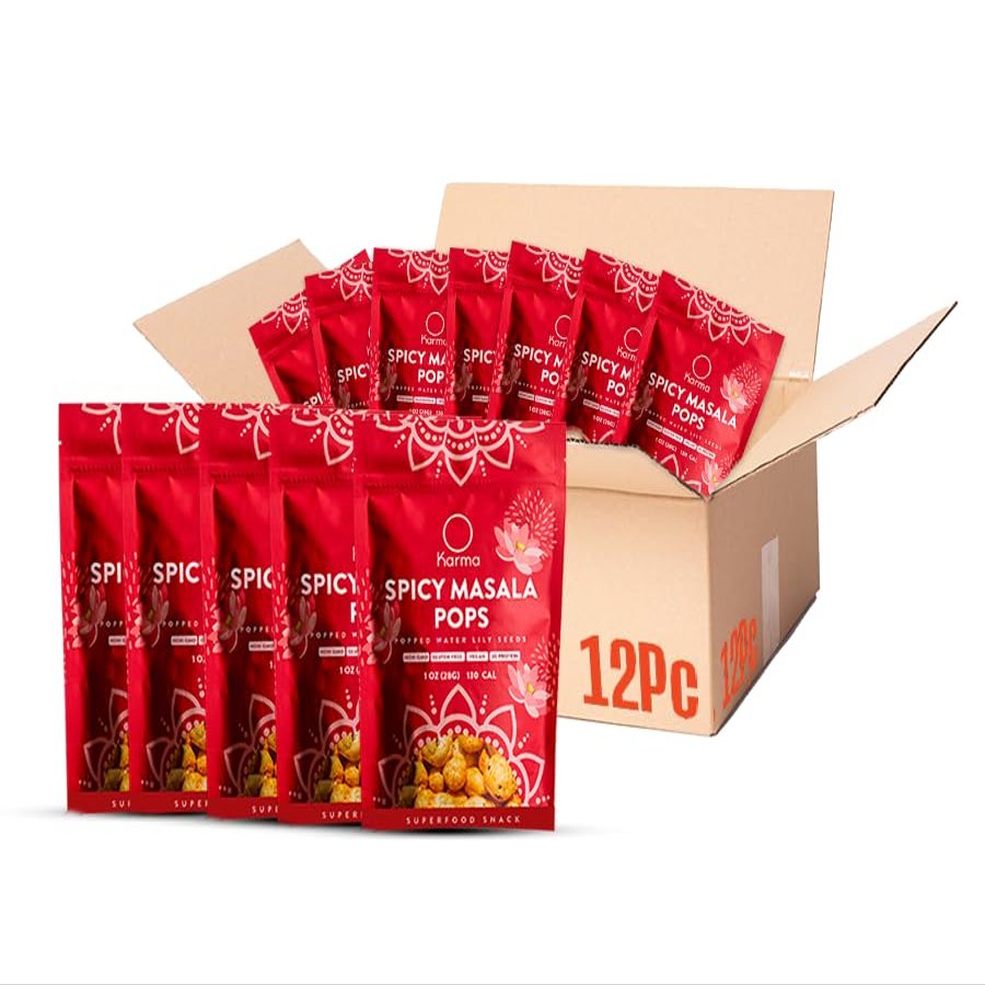 Karma Spicy Masala Popped Water Lily Seeds - 3g Protein, Gluten-Free, Vegan, Non-GMO - Bold Masala Flavor for Healthy Snacking On-the-Go - 1 oz (Pack of 12)