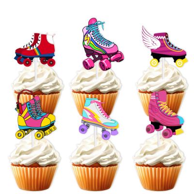 18pcs Colorful Glitter Hip Hop Roller Skates Dessert Cupcake Topper Pick for 80s 90s Retro Hip Hop Roller Skating Theme Decor Supplies Boy Girl Happy Birthday Party Decorations