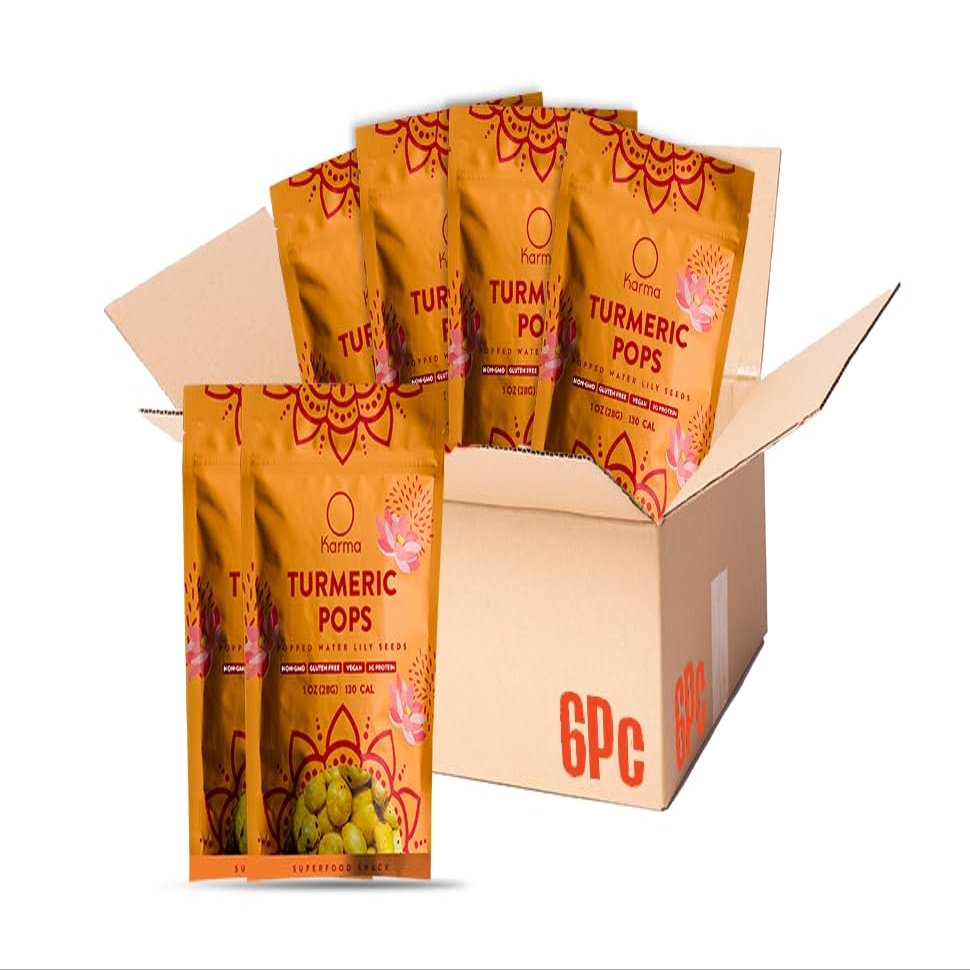 Karma Turmeric Popped Water Lily Seeds - 3g Protein, Gluten-Free, Vegan, Non-GMO - Healthy Snack with Turmeric Spice for On-the-Go Energy - 1 oz (Pack of 6)