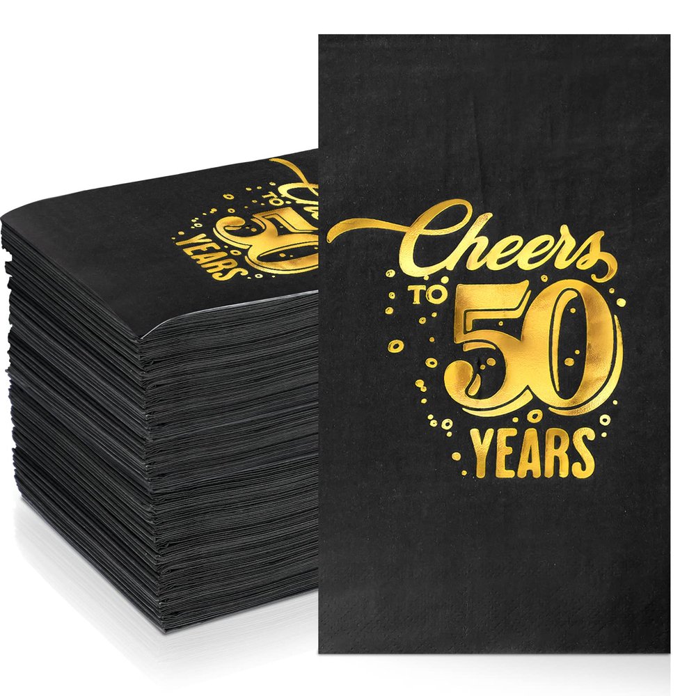 200 Pcs 50th/60th/70th Birthday Napkins Cheer to 50/60/70 Years Disposable Black and Gold Dinner Party Napkin for Men Women Anniversary Decoration(50th Birthday)