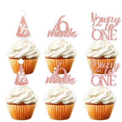 18pcs Pink Glitter 6 Months Dessert Cupcake Topper Cheer to 1/2 Way to One Theme Decor Supplies Baby Shower Boys Girls Happy Half Birthday Party Decorations