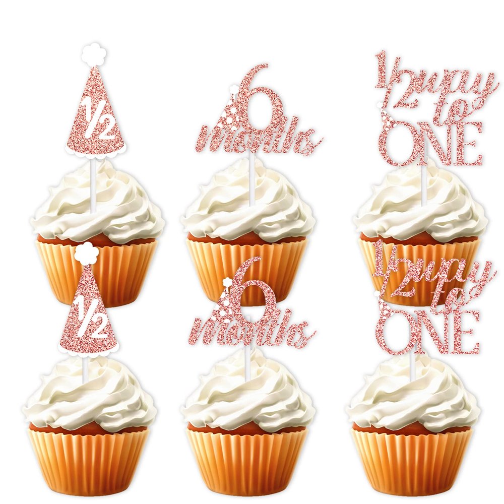 18pcs Pink Glitter 6 Months Dessert Cupcake Topper Cheer to 1/2 Way to One Theme Decor Supplies Baby Shower Boys Girls Happy Half Birthday Party Decorations