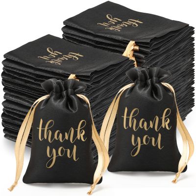 Roowest 100 Pcs Thank You Satin Gift Bags Drawstring Jewelry Candy Pouches for Wedding Bridal Shower Baby Shower Favor Drawstring Bag for Birthday Holiday Party(4 x 6 Inch,Black)