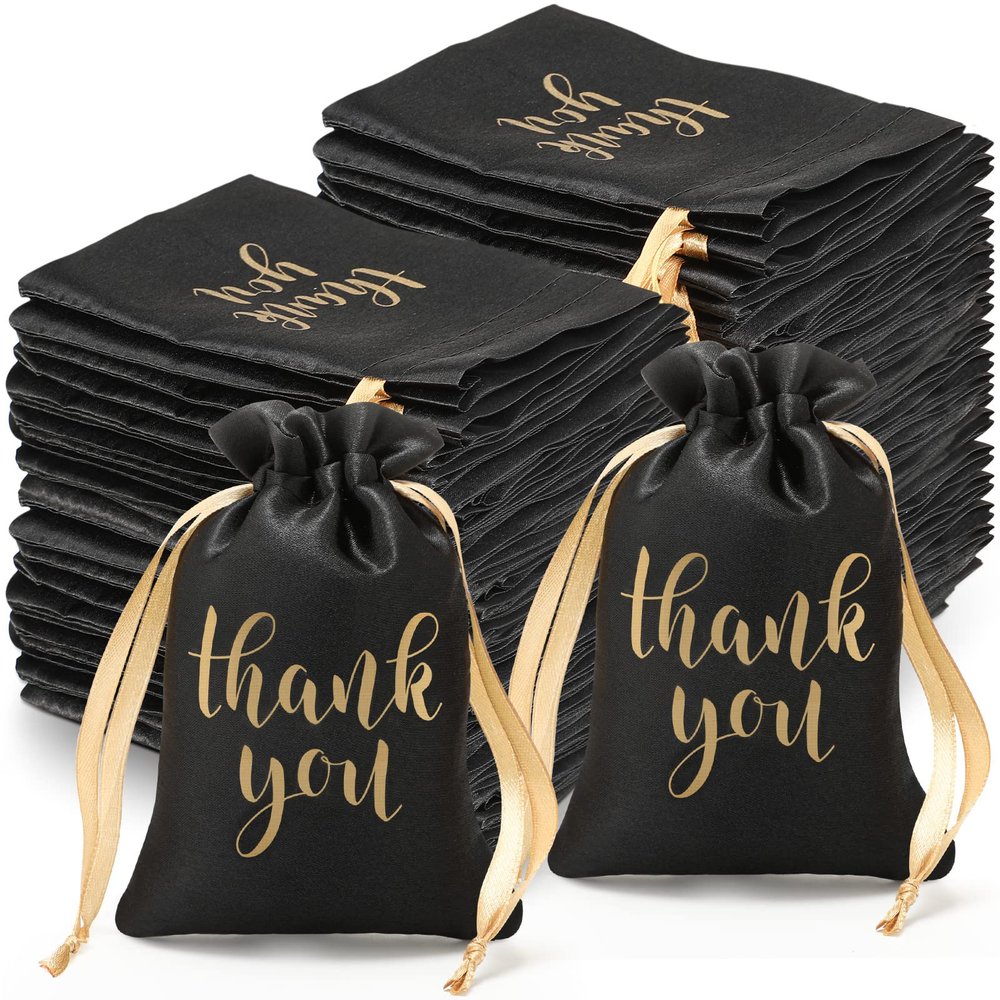 Roowest 100 Pcs Thank You Satin Gift Bags Drawstring Jewelry Candy Pouches for Wedding Bridal Shower Baby Shower Favor Drawstring Bag for Birthday Holiday Party(4 x 6 Inch,Black)