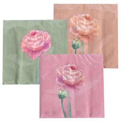 60 Count Flower Blossom Party Napkins, 3 Packs of 20, 3 Ply Paper, Luncheon Size 6.75 x 6.75 Inches, 3 Vibrant Shabby Chic Patterns