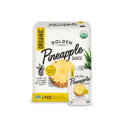 Golden Farms Pineapple Pouches, Single Ingredient Healthy Snacks (Pack of 4), 100% Pure Fruit, No Added Sugar, Vegan, Gluten-Free, Kosher, Organic Squeeze Pouch 3.17oz Each