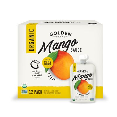 Golden Farms Mango Pouches, Single Ingredient Healthy Snacks, 100% Pure Fruit, No Added Sugar, Vegan, Gluten-Free, Kosher, Organic Squeeze Pouch 3.17oz Each (12 Pack)