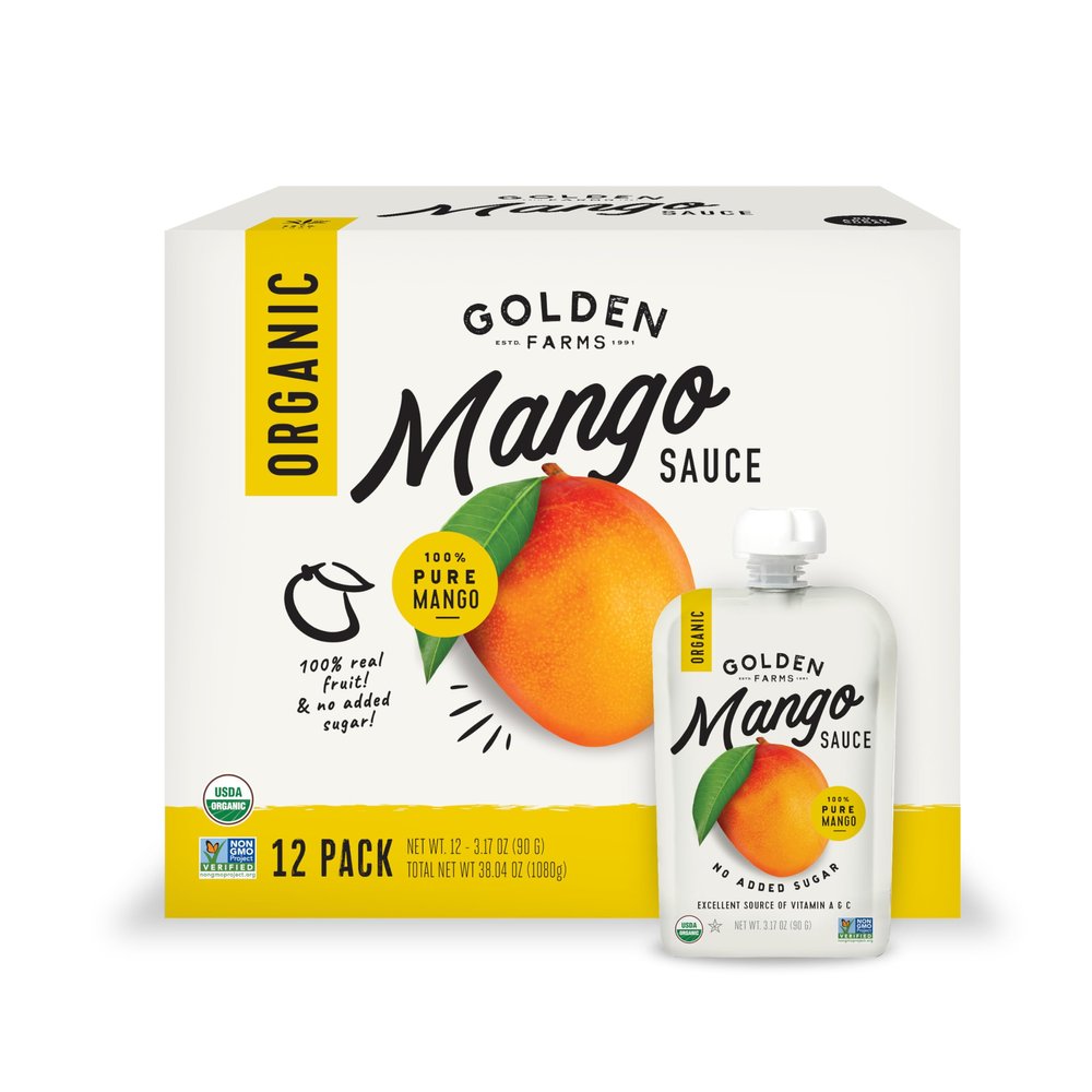 Golden Farms Mango Pouches, Single Ingredient Healthy Snacks, 100% Pure Fruit, No Added Sugar, Vegan, Gluten-Free, Kosher, Organic Squeeze Pouch 3.17oz Each (12 Pack)