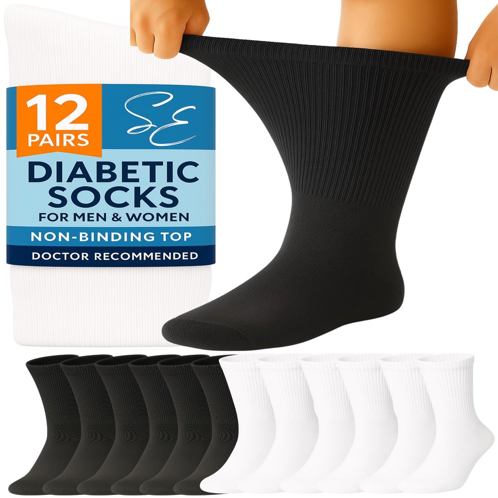 Special Essentials Diabetic Socks for Men & Women 12 Pairs of Non-Binding Extra Wide Top Cotton Neuropathy Socks Crew Length, White and Black, 9-11