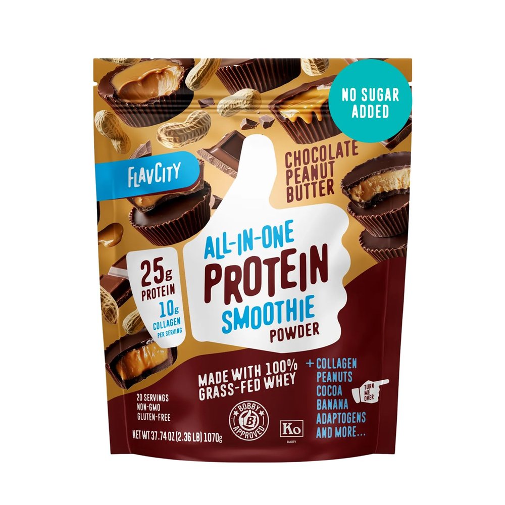 FlavCity Grass Fed Whey Chocolate Protein Powder - Chocolate Peanut Butter - 25g Protein & 10g Collagen - Made with Organic Cocoa & Coconut Milk - Gluten Free & No Added Sugars (20 Servings)