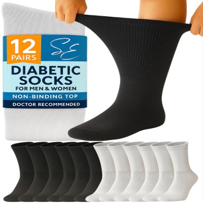 Special Essentials Diabetic Socks for Men & Women  12 Pairs of Non-Binding Extra Wide Top Cotton Neuropathy Socks  Crew Length, Black and Gray, 10-13