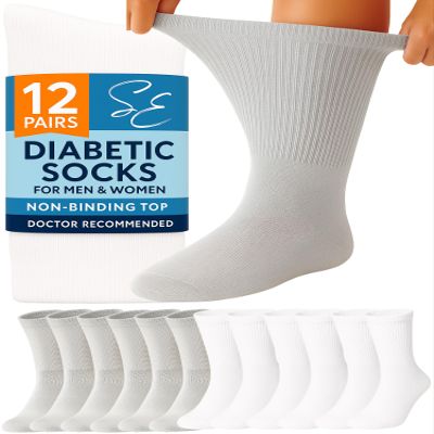 Special Essentials Diabetic Socks for Men & Women  12 Pairs of Non-Binding Extra Wide Top Cotton Neuropathy Socks  Crew Length, Gray and White, 13-15