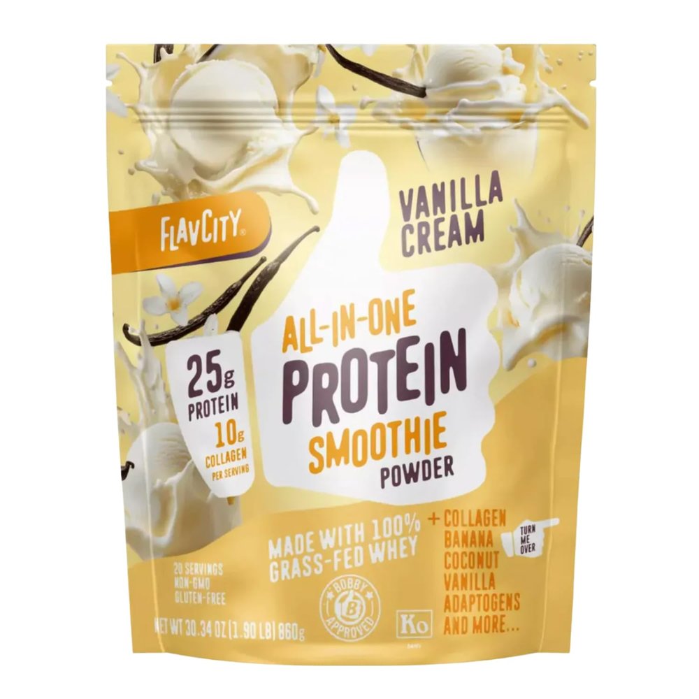 FlavCity Grass Fed Whey Protein Powder - Vanilla Smoothie - 25g Protein & 10g Collagen - Made with Real Vanilla Bean & Organic Coconut Milk - Gluten Free & No Added Sugars (20 Servings)