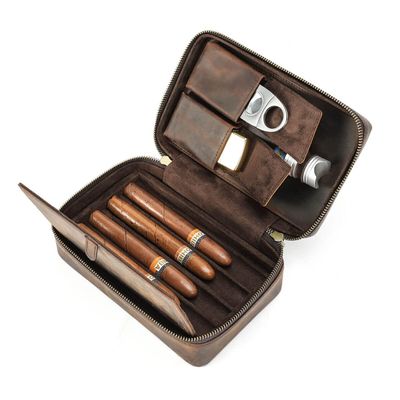 Leather Cigar Humidor Box with weighty Cigar Rest Holder, Genuine Leather Potable Cigar Humidor Case for Four Pieces Cigar for Travelling