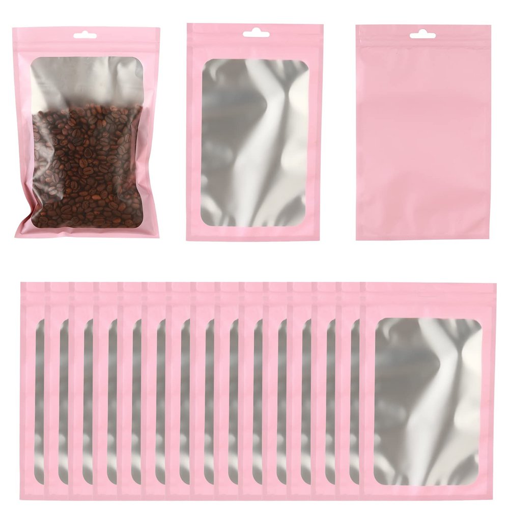 150 PCS-6x9 Reclosable Mylar Bags Pink for Food Storage, Resealable Large Mylar Bag with Clear Window for Small Businesses, Smell Proof Aluminum Foil Resealable Edible Packaging Bag for Candies