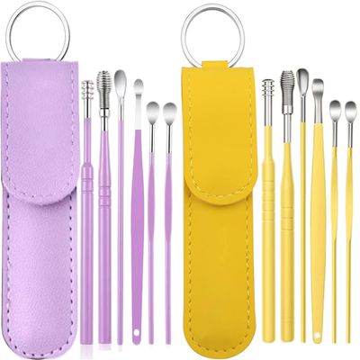 12 Pcs Ear Pick Earwax Removal Kit, Ear Cleaning Tool, Stainless Steel Earwax Removal Tool with Leather Storage Box (Yellow&Purple)