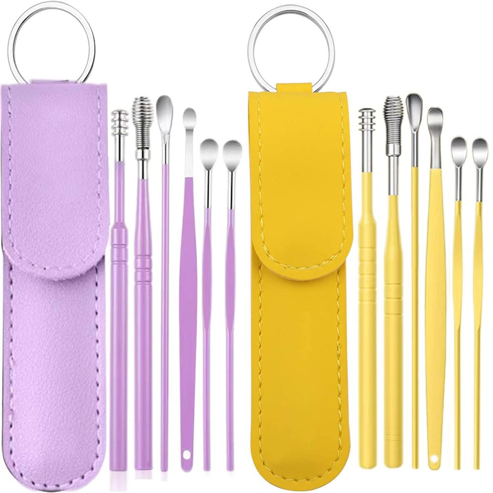 12 Pcs Ear Pick Earwax Removal Kit, Ear Cleaning Tool, Stainless Steel Earwax Removal Tool with Leather Storage Box (Yellow&Purple)