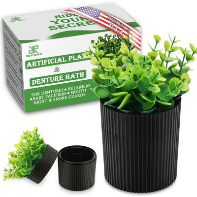 Denture Bath, Invisible Denture Case Designed As Artificial Eucalyptus Potted Plants, Denture Cup With Strainer For Retainer, Mouth Guard & Dentures, Perfect For Home Decoration