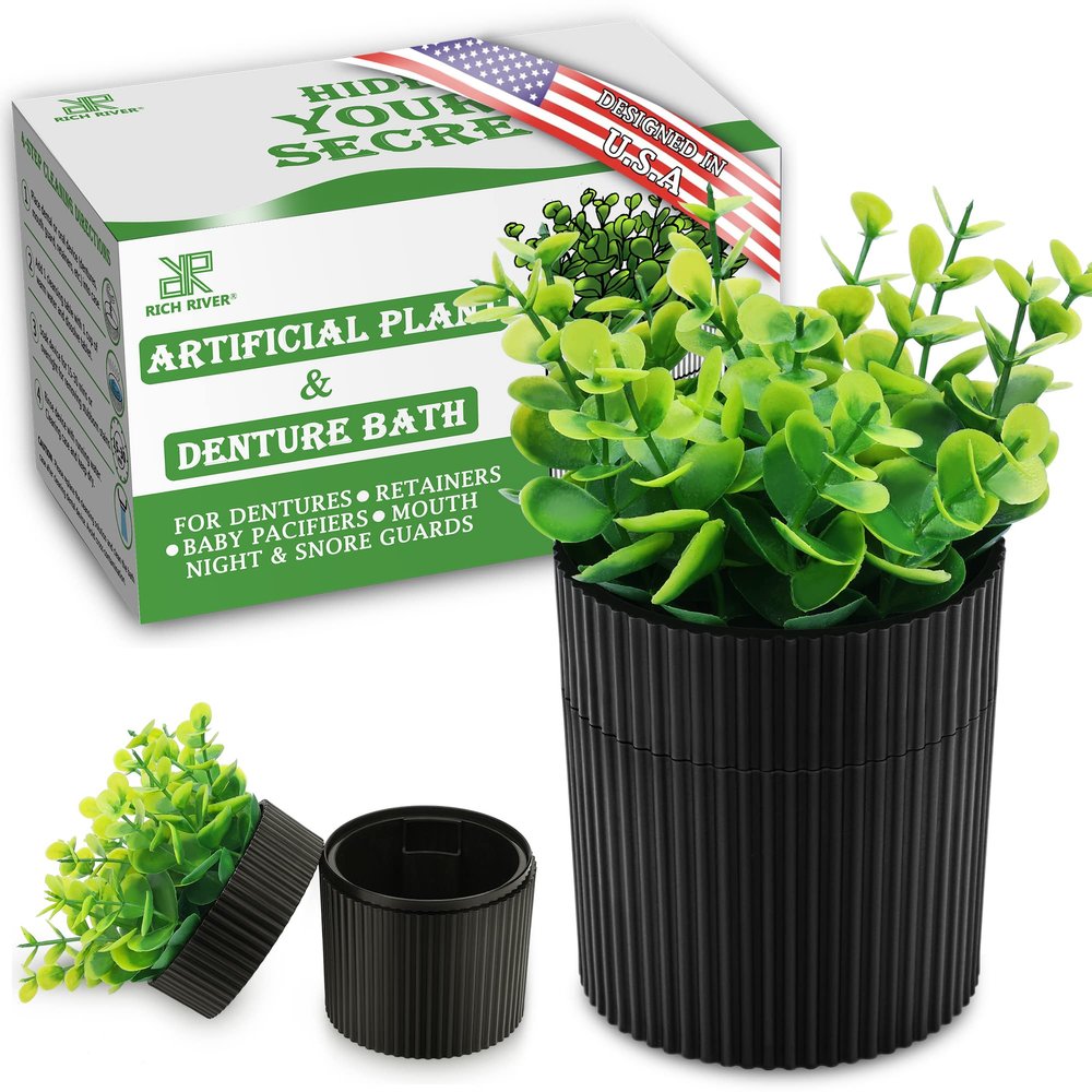 Denture Bath, Invisible Denture Case Designed As Artificial Eucalyptus Potted Plants, Denture Cup With Strainer For Retainer, Mouth Guard & Dentures, Perfect For Home Decoration