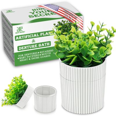 Denture Bath, Invisible Denture Case Designed As Artificial Eucalyptus Potted Plants, Denture Cup With Strainer For Retainer, Mouth Guard & Dentures, Perfect For Home Decoration
