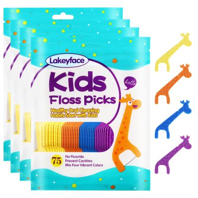 Lakeyface 300 Count Kids Flossers, Cute Giraffe Kids Floss Picks, No Fluoride BPA Free Dental Floss Picks, Unflavored Flossers for Kid, 4 Colors, 75 Count (Pack of 4)