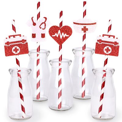 JOYMEMO 24 Pieces Nurse Party Favor Straws - Nurse Graduation Party Decorations Red, 2026 Congrats Nursing Decor, Medical RN Themed Foil Stamping Stripe Paper Straw for BSN LPN School Grad Party