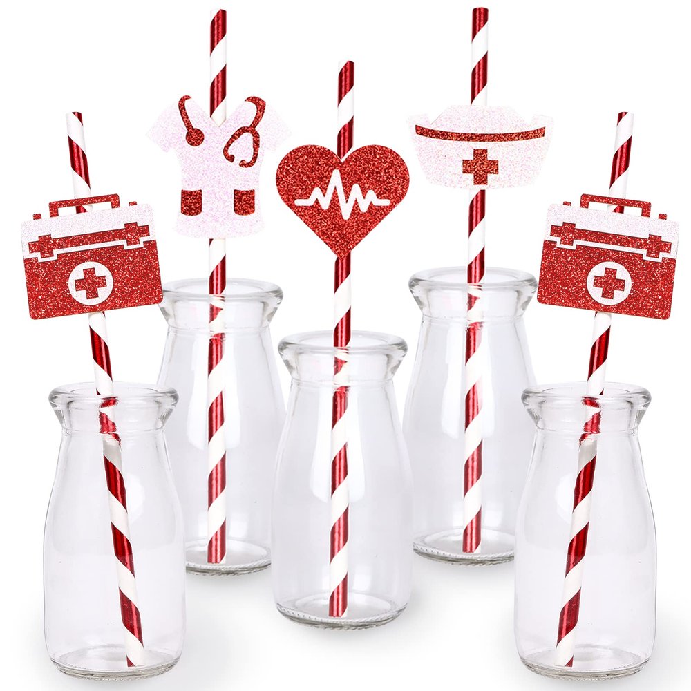 JOYMEMO 24 Pieces Nurse Party Favor Straws - Nurse Graduation Party Decorations Red, 2026 Congrats Nursing Decor, Medical RN Themed Foil Stamping Stripe Paper Straw for BSN LPN School Grad Party